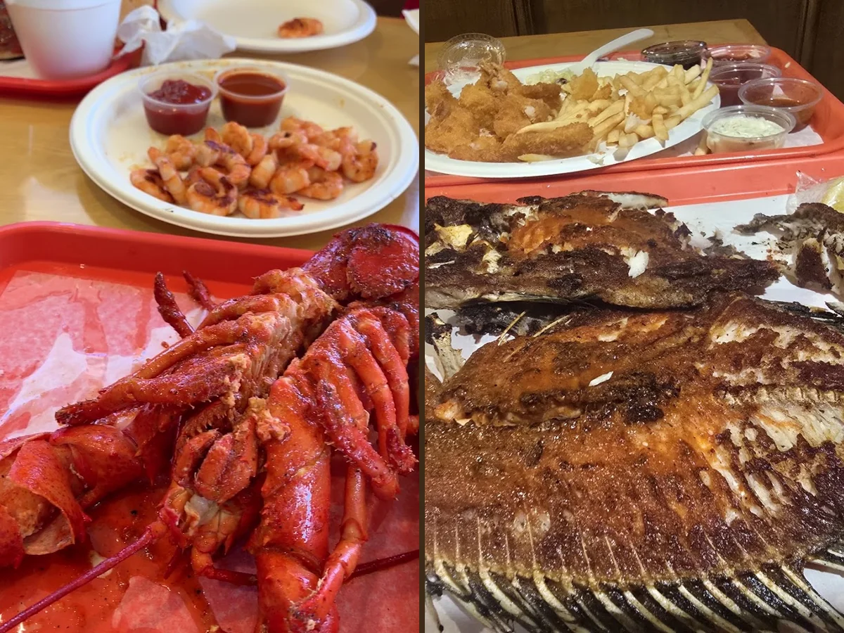 Seafood plates on a casual dining table.